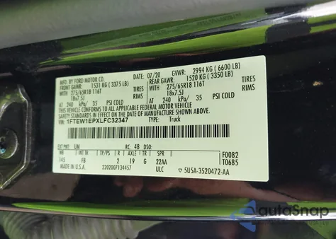 2020 Ford F150 Xlt из США, поврежденный, VIN 1FTEW1EPXLFC32347